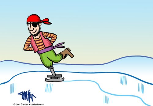 A pirate skates on the ice with a modified wooden leg.