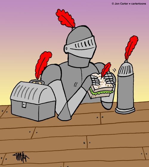 A medieval knight eats his lunch with armored lunch gear.