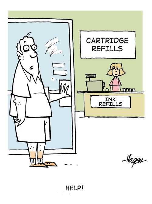 'Help!' - Man drained of all colour down to his ankles is in the ink refil shop.