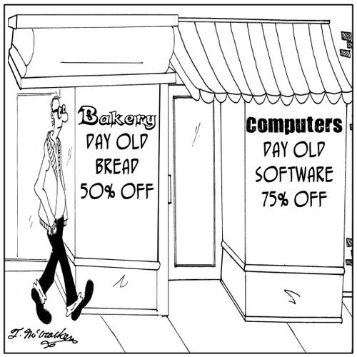  'Day old Bread, 50 off' & 'Day old software, 75 off.'