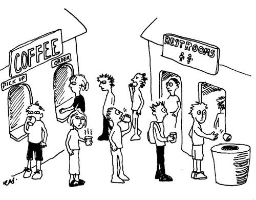 Coffee stand-restroom cycle.