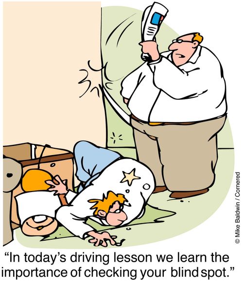 "In todays driving lesson we learn the importance of checking your blind spot."