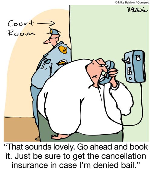'That sounds lovely. Go ahead and book it. Just be sure to get the cancellation insurance in case I'm denied bail.'