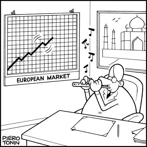 Indian executive playing flute to a business chart like a snake charmer.