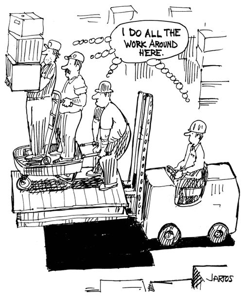 Men all sharing one thought: 'I do all the work around here.'