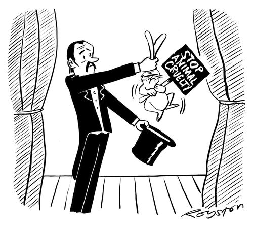Rabbit pulled from top hat carries 'Stop animal cruelty' banner