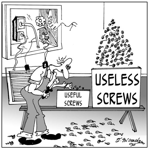A repairman has a small box marked 'Useful Screws' next to a huge box of 'Useless Screws.'