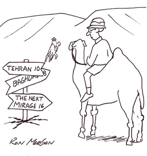 Camel rider sees sign stating: The Next Mirage 16 miles.