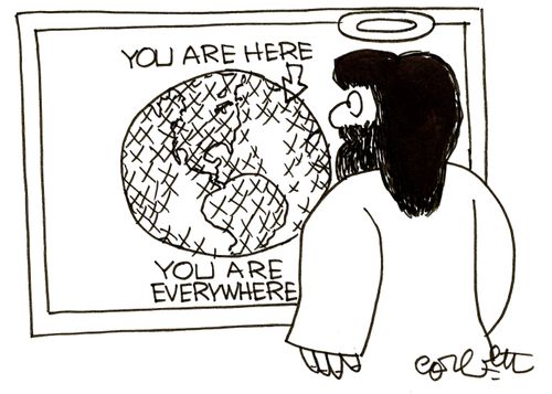 Jesus looking at a 'you are here' map.
