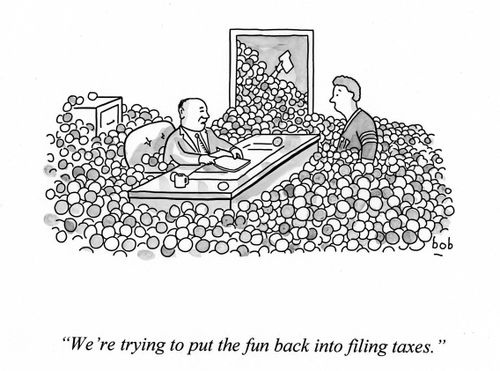 Accountant speaks with client in ball room and fun with taxes