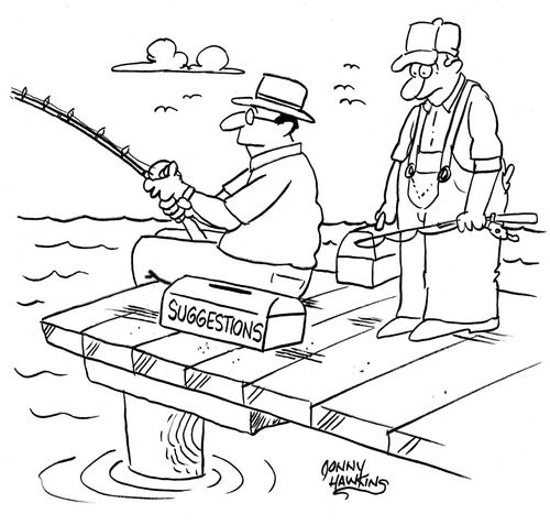 Man on dock fishing has 'Suggestions' box