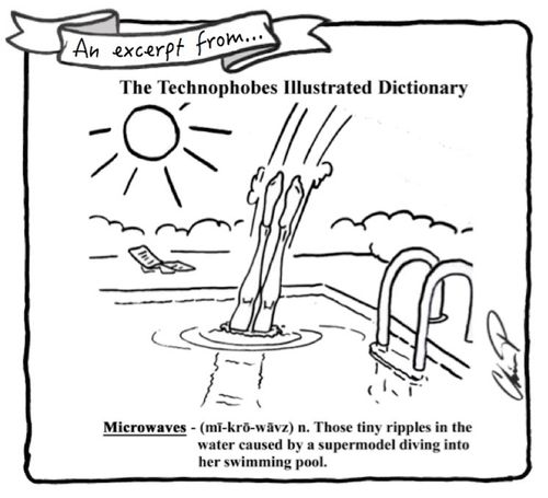 Technophobes Illustrated Dictionary: Microwaves - Those tiny ripples in the water caused by a supermodel diving into her swimming pool.