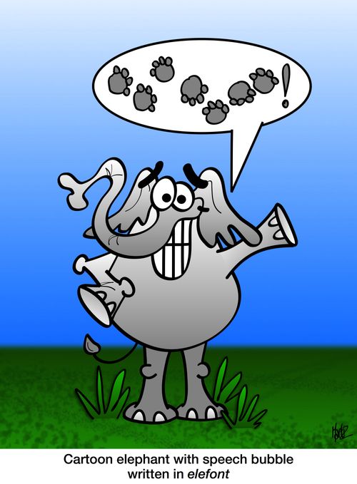 Cartoon elephant with speech bubble written in elefont
