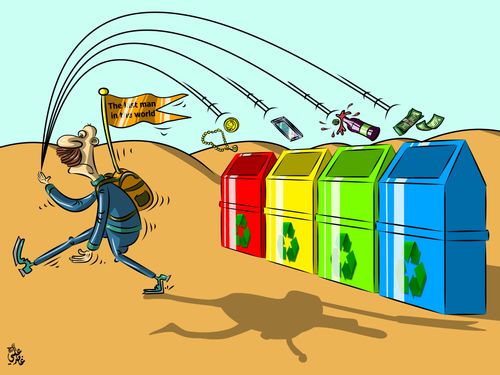 The last man in the world is recycling.
