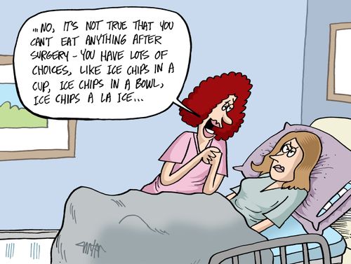 "... No, it's not true that you can't eat anything after surgery - you can have lots of choices, like ice chips in a cup, ice chips in a bowl, ice chips a la ice..."
