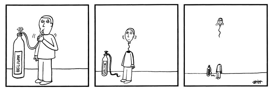 Man inhales helium which makes his head float into the sky.