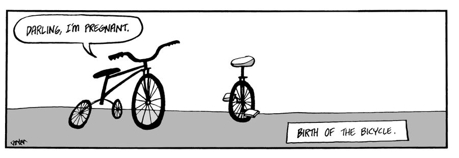 A tricycle and a unicycle mate and give birth to a bicycle.