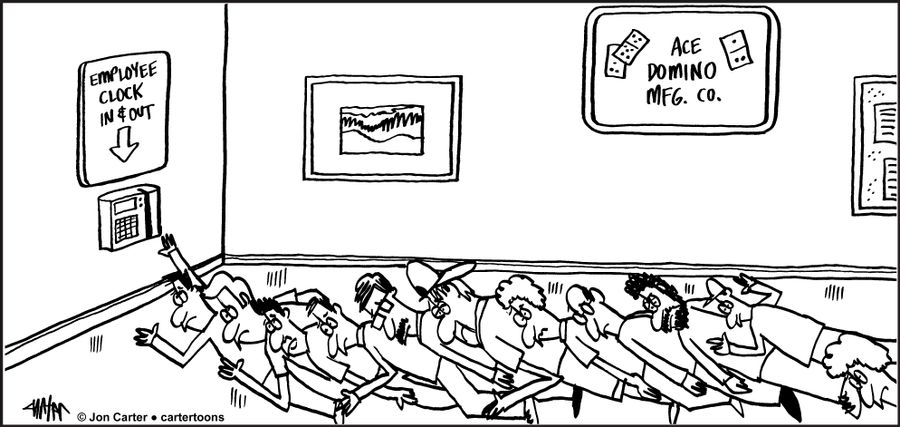 Employees lined up by time clock at domino factory have all fallen over like a row of dominos.