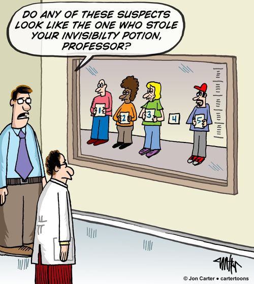 'Do any of these suspects look like the one who stole your invisibility potion, professor?"