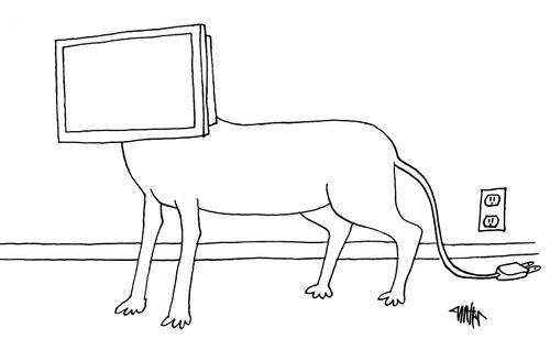 Dog has a television screen for a head and a plug in tail.
