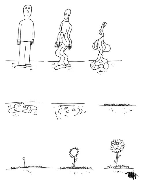 A man deflates and dissolves into the ground and becomes a flower.