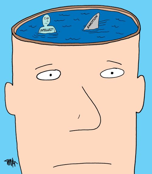 The inside of a person's head is revealed to show the battle between intellect and emotion.