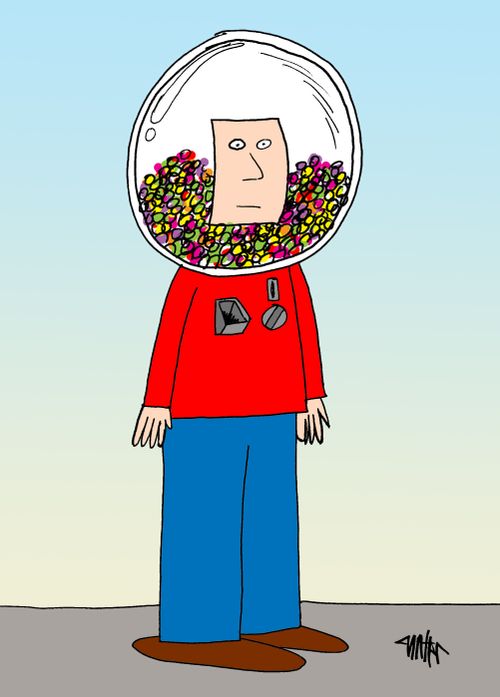 A man has a gumball machine for a head.