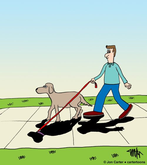 A man walks his dog with the leash attached to the dog's shadow instead of the dog.