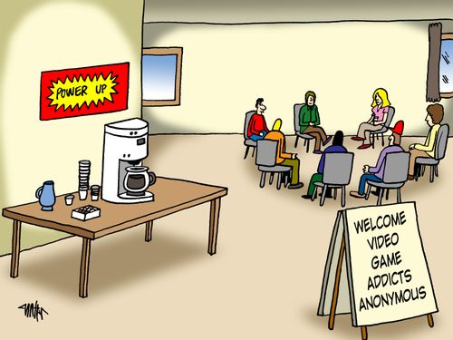 Video game addicts meeting has coffee for power ups.