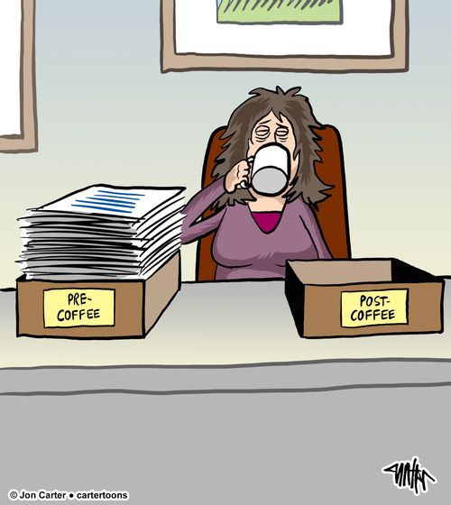 Office worker at desk with desk trays that say 'Pre-Coffee,' and 'Post-Coffee'