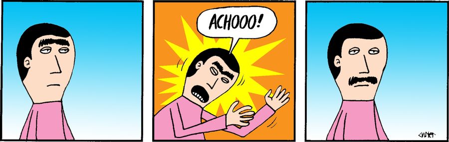 A man with a unibrow sneezes and the unibrow becomes his moustache.