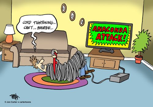 A man playing a video game called Anaconda Attack is wrapped up in game console cord.