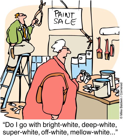 Woman shops while man sets up noose. "Do I go with bright white, deep white...."