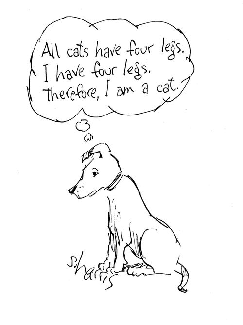 'All cats have four legs.  I have four legs.  Therefore, I am a cat.'