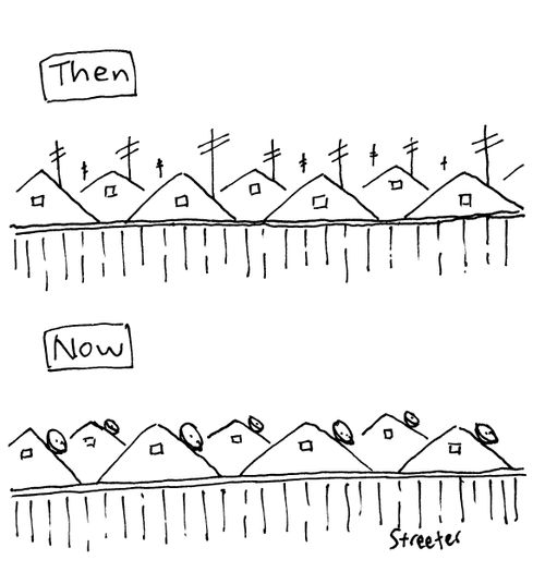 Then/Now: Antennas vs. Satellite Dishes.