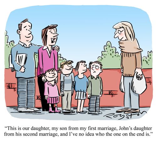 Couple with lots of kids. Woman says: 'This is our daughter, my son from my first marriage, John's daughter from his second marriage, and I've no idea who the one on the end is.'