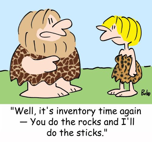 'Well, it's inventory time again -- You do the rocks and I'll do the sticks.'