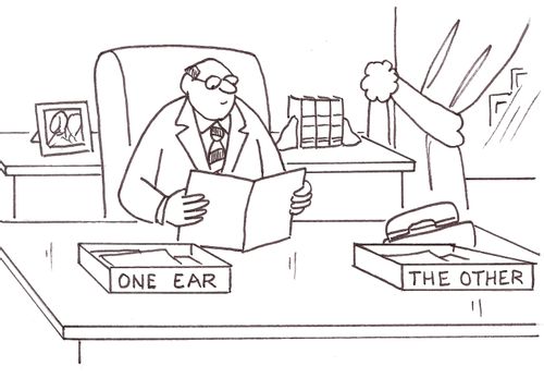 Executive's in and out boxes are labeled - One Ear and The Other.