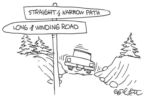 Road signs: straight & narrow..long & winding.