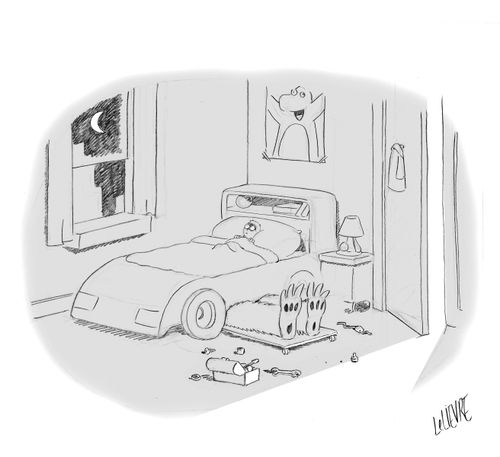 Monster fixing boy's car bed.