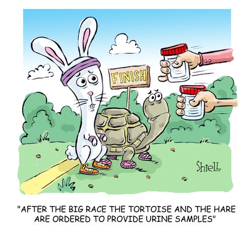 'After the big race the tortoise and the hare are ordered to provide urine samples."