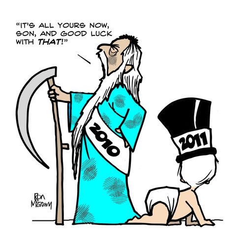 Old Father Time handing over to the New Year