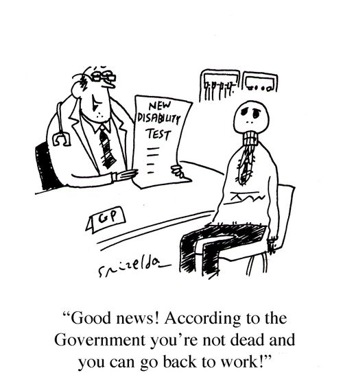 'Good news! According to the Government you're not dead and you can go back to work!'