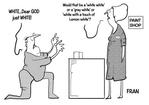 "Would that be 'white white' or a 'grey white' or 'white with a touch of lemon white'?"