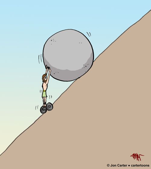 Sisyphus pushing a boulder up a hill while riding on a scooter.