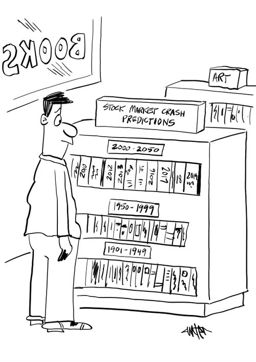 Man in bookstore is looking at a large section of books devoted to stock market crash predictions.