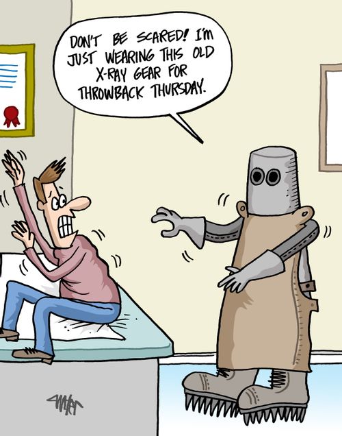 "Don't be scared! I'm just wearing this old x-ray gear for throwback Thursday."