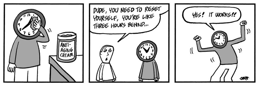 Clock-faced man uses anti-aging cream to turn back the hands of time.