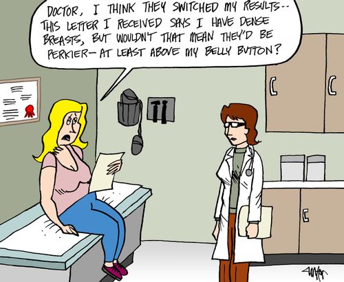 'Doctor, I think they switched my results - this letter I received says I have dense breasts, but wouldn't that mean they'd be perkier - at least above my belly button?'