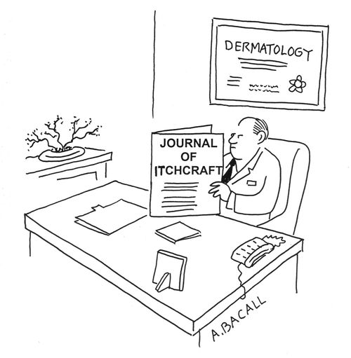 Dermatologist reading a 'Journal of Itchcraft'.